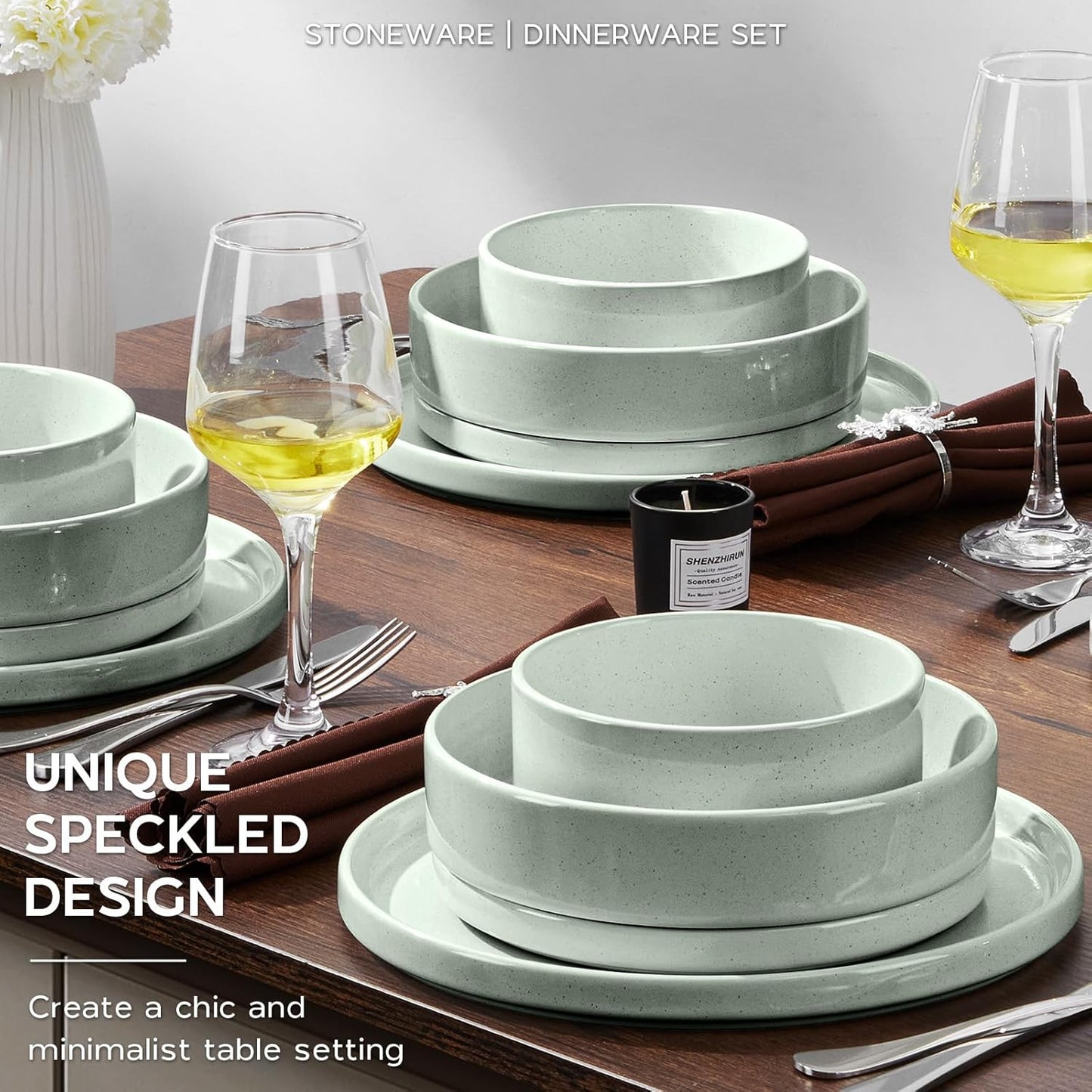 Onader Speckled Dinnerware Set for 4 with Pasta Bowl, 16 Piece Stoneware Plates and Bowls Dishes Set, Microwave & Dishwasher Safe – Pale Sage Green