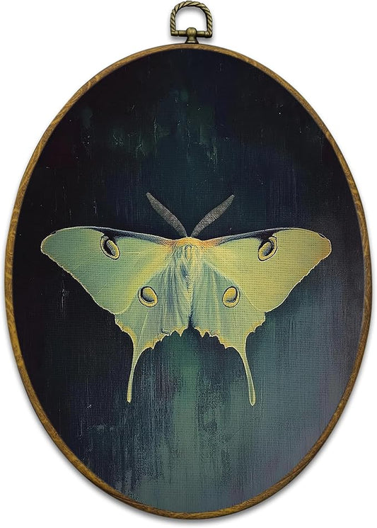 Mcehtle Vintage Butterfly Wall Art Decor, Dark Moody Cottagecore Moth Oval Framed Canvas Prints 8.6x11.4, Neutral Insect Farmhouse Wall Hanging Artwork Decorations for Home Bedroom Living Room