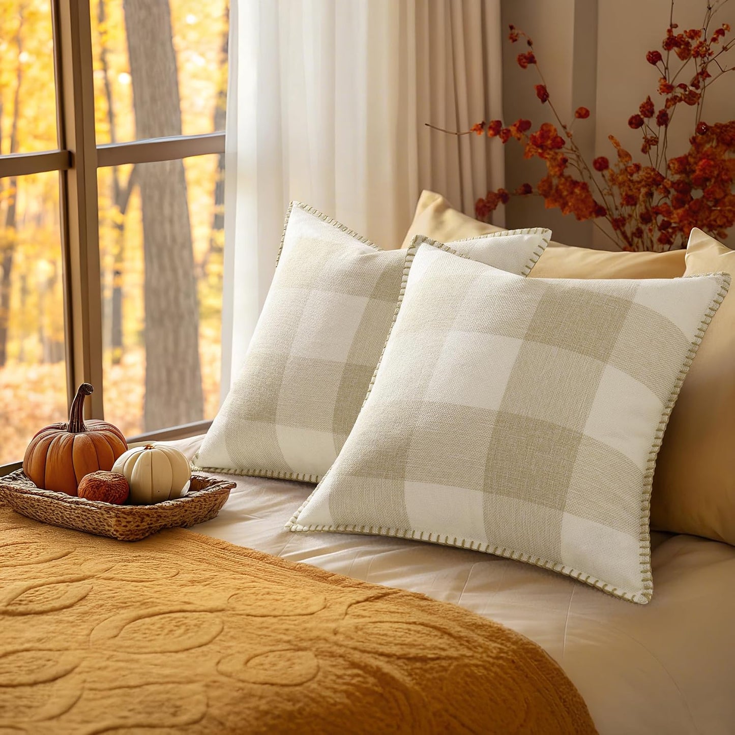 decorUhome Buffalo Plaid Check Fall Throw Pillow Covers 16x16 Set of 2, Outdoor Decorative Farmhouse Pillow Covers with Stitched Edge for Bed Couch Sofa, Cream White and Beige