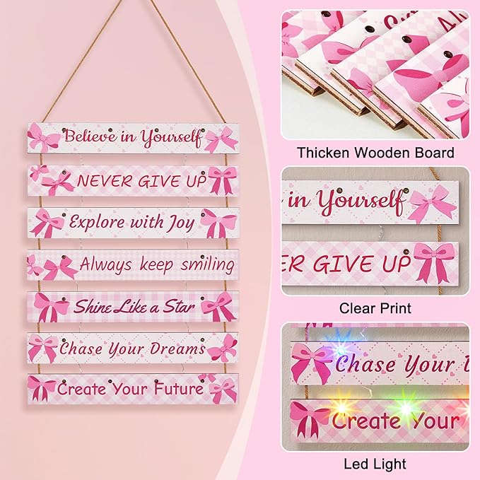 FIOBEE Girls Room Décor for Teen Girls Boys with LED Light Wall Decor for Bedroom Motivational Inspirational Wall Art Room Decoration for Kids Studyroom, 8 Kinds of Lights, Pink Bow