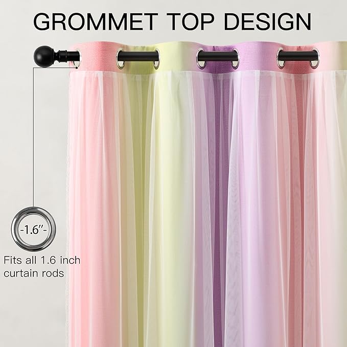 XiDi Pink Yellow Purple Blackout Curtains for Girls Bedroom 2 Panels Blackout Rainbow Curtain with Sheer Overlay Unicorn Wall Decals Drapes for Kids Nursery Room Grommet 52 Inches Wide 96 Inches Long