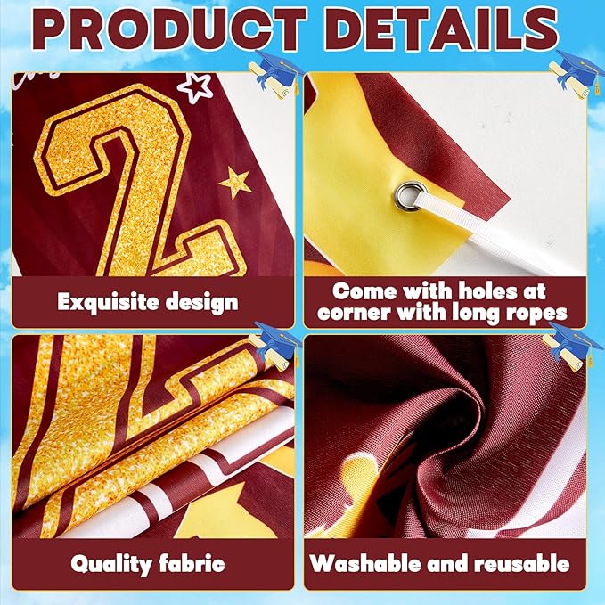 3Pcs Graduation Cap Door Banner 2026 Graduation Door Decoration Class of 2026 Porch Sign Congrat Grad Hanging Banner Decor Grad Party Indoor Outdoor Wall Decor Photo Prop Supplies Maroon Gold