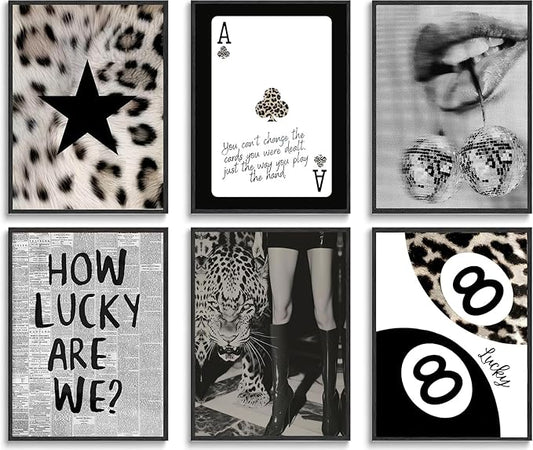 Trendy Leopard Wall Art Black And White Leopard Wall Decor Lucky 8 Ball Y2k Posters Prints Funky Cheetah Aesthetic Canvas Painting for Girls Room Bedroom Apartment Dorm Set of 6 (12x16 Unframed)