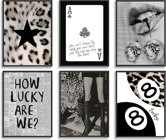 Trendy Leopard Wall Art Black And White Leopard Wall Decor Lucky 8 Ball Y2k Posters Prints Funky Cheetah Aesthetic Canvas Painting for Girls Room Bedroom Apartment Dorm Set of 6 (8x10 Unframed)