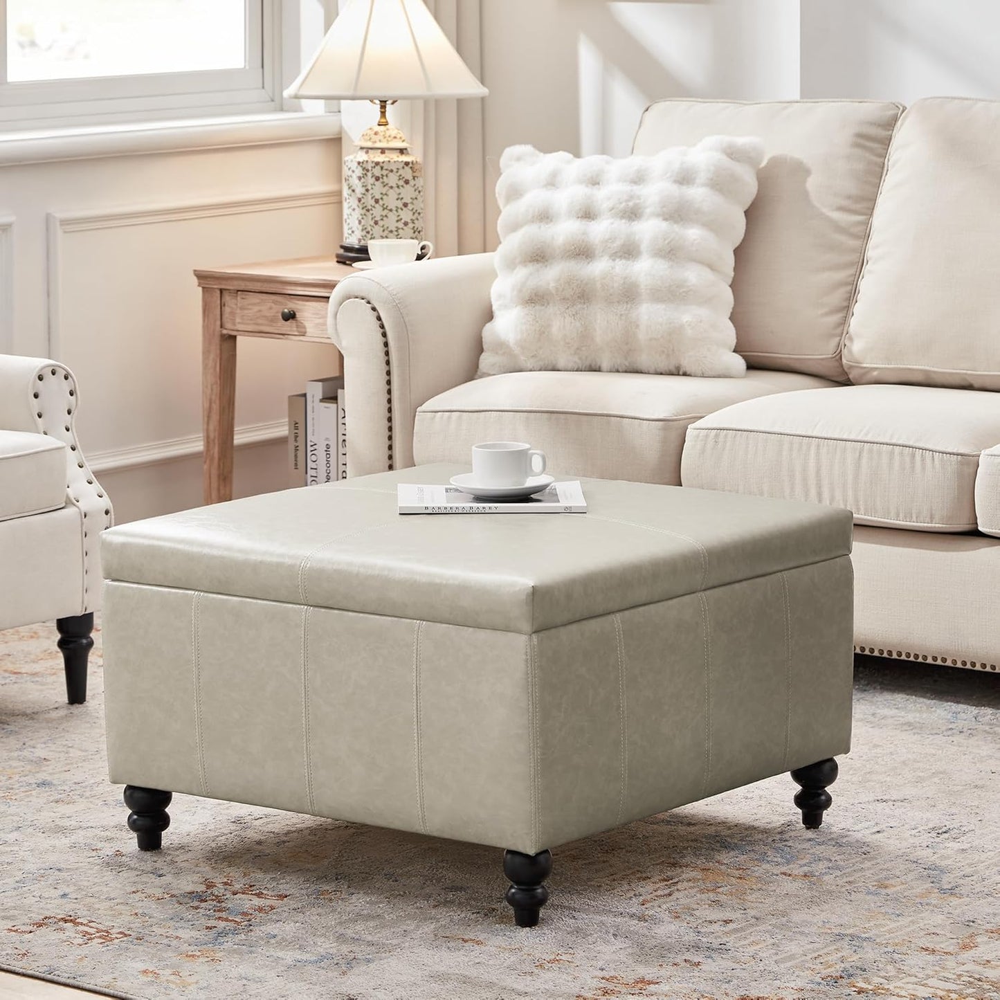 HUIMO Square Storage Ottoman, Tufted Leather Ottoman for Living Room (Khaki)