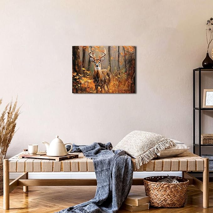 Deer Pictures Wall Decor Fall Forest Wall Art Autumn Orange Forest Landscape Canvas Prints Wildlife Animal Poster Nature Woodland Elk Painting Artwork for Bedroom Living Room Home Decoration 12x16"