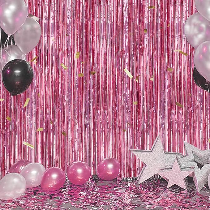 3 Pack Foil Fringe Backdrop - Laser Pink Shiny Tinsel Curtains for Party Decoration/Photo Booth Props - 3.3x8.2 FT Metallic Foil Backdrop for Birthday, Wedding, Graduation, Christmas.