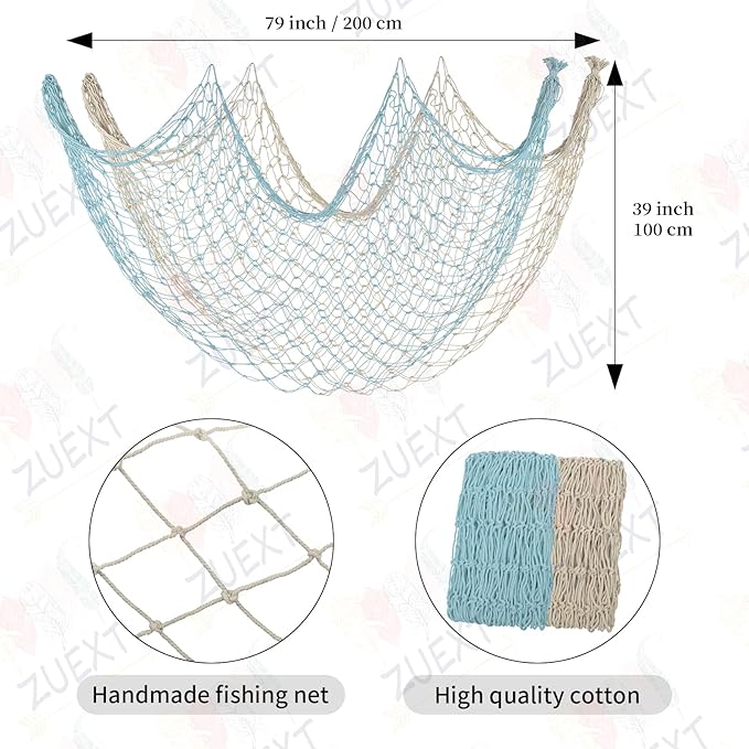 ZUEXT Decorative Fishing Net Large Blue & Beige 80x40 Inch, 2 Pack Picture Fish Net, Wall Photo Hanging Fishnet for Nautical Mermaid Pirate Ocean Themed Hawaii Beach Under The Sea Party Decorations