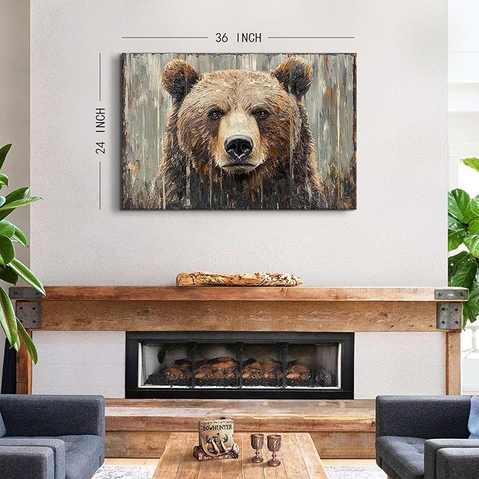 Bear Wall Art Farmhouse Wall Decor Rustic Animal Heads Canvas Prints Funny Animal Pictures Wildlife Portrait Painting Natural Modern Artwork for Teen Bedroom Living Room Home Decoration 24x36"