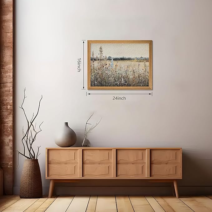 Vintage Landscape Wall Art, 3D Textured Nature Rustic Farmhouse Wall Decor Painting, Hand Drawn Sandstone Country Wildflowers Artwork Picture for Living Room Bedroom 16x24 Inch Framed