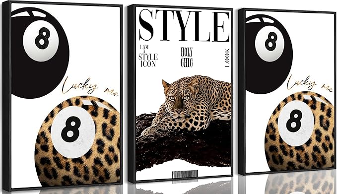 3Pcs Black Framed Trendy Leopard Wall Art Preppy Aesthetic Stylish Leopard Painting Picture Wall Decor Funky Lucky 8 Ball Cheetah Poster Print Artwork for Bedroom Living Room Bathroom Home Decoration