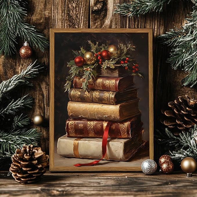 Framed Vintage Christmas Canvas Wall Art, Rustic Xmas Book Artwork Wall Decor Paintings, Retro Winter Holiday Pictures Prints Dark Academia Home Decor for Living Room Bedroom Libiary 16×24 inch