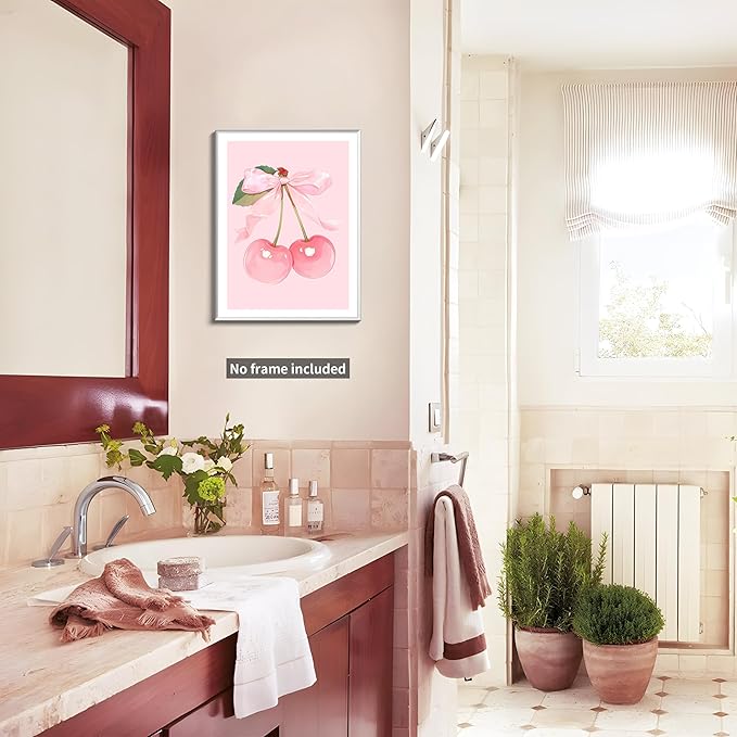 Trendy Pink Bows Posters Wall Art Set of 3, Vintage Preppy Cherry Picture Prints, Pink Girly Room Aesthetic Canvas Wall Decor Painting for College Apartment Living Room Bedroom 12x16 In Unframed