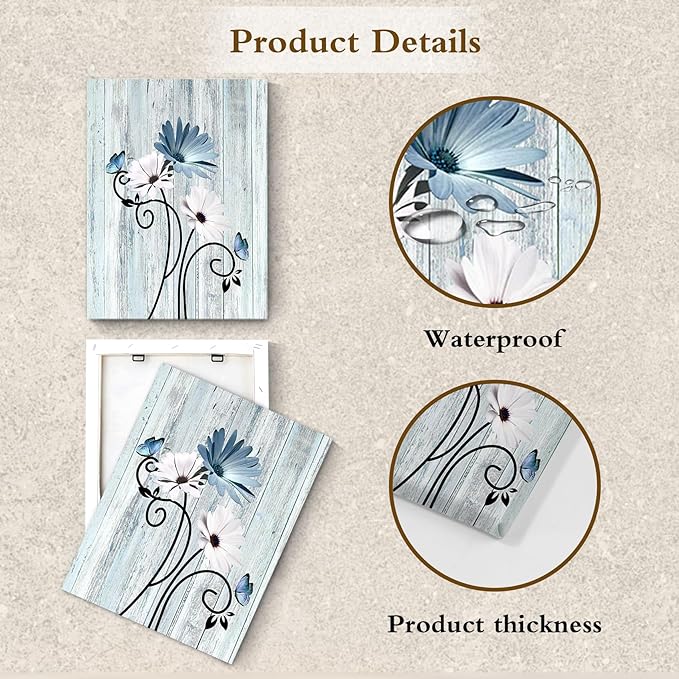 HVEST Blue Daisy Wall Art Rustic Farmhouse Floral and Butterfly Botanical Canvas Art Decor Vintage Plant Wall Decor for Living Room Bathroom Bedroom Office, 24L x 16W Inches