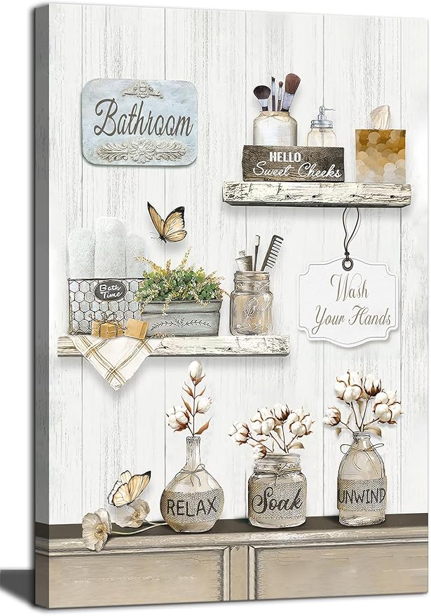 Farmhouse Bathroom Wall Art Relax Soak Unwind Sign Wall Decor Rustic Cotton Flower Bathroom Painting Retro Floral Jars Canvas Prints Brown Theme Country Bath Painting Artwork Home Decor 16x24 Inch