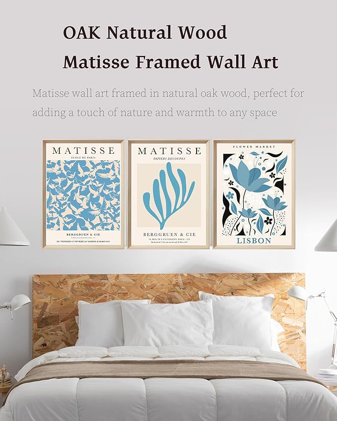 KensTro Framed Wall Art,Matisse Wood Canvas Blue Wall Art,12"x16" Cotton Pattern Vintage Poster Wall Decor Aesthetic for Living Room Bedroom,12x16in Henri Matisse Minimalist Wood Frame Prints,Set of 3