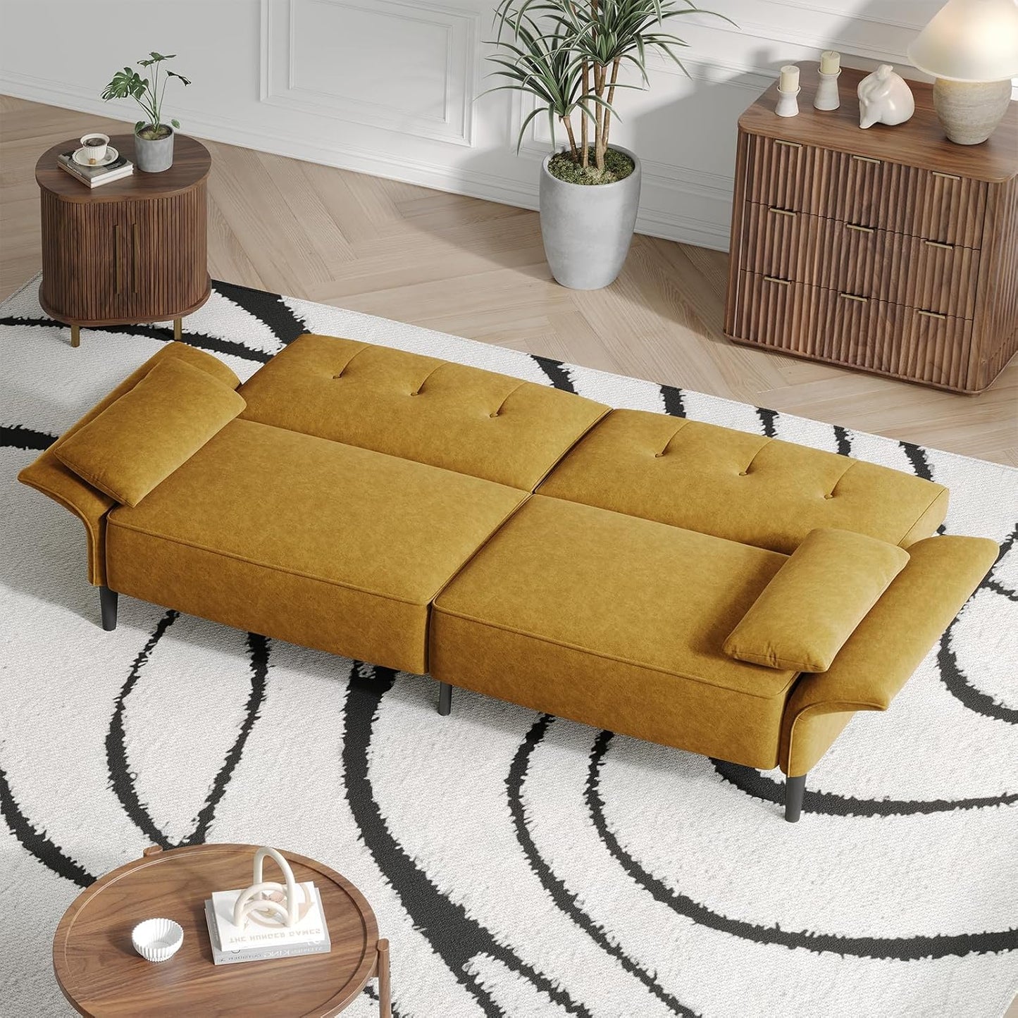 89” Futon Sofa Bed,Comfy Futon Couch Bed with 2 Square Pillows, Convertible Sleeper Sofa with Adjustable Backrest& Armrests, Modern Loveseat Sleeper for Living Room, Bedroom, Yellow