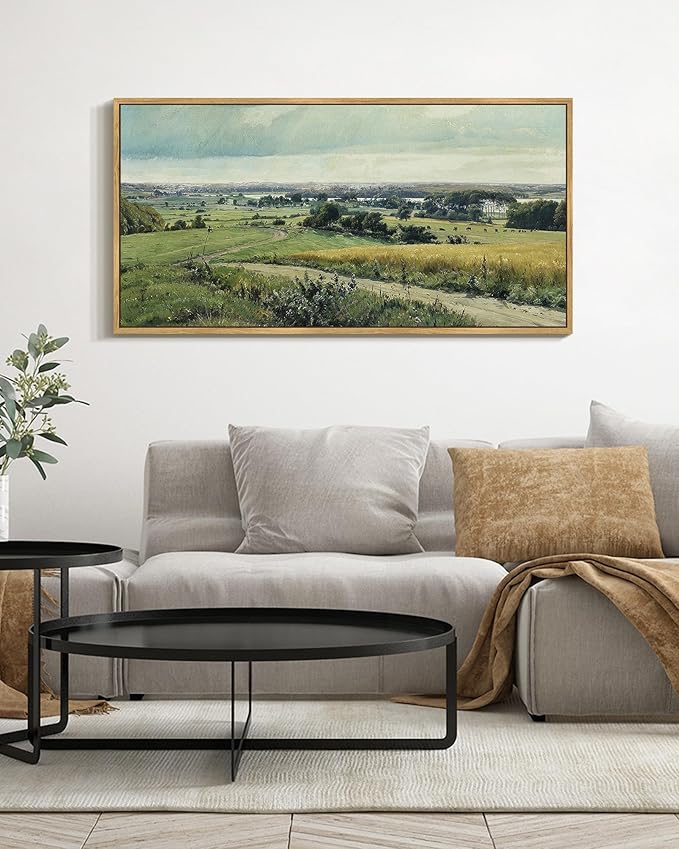 SHENIFY Vintage Landscape Framed Wall Art Rustic Countryside Meadow Farmhouse Decor Retro Grassland Painting for Hallway Bedroom Living Room Dining Room - 20x40in Natural Framed