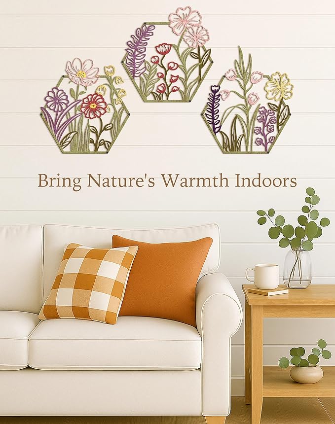 CarryWise 3 Piece Metal Flower Wall Art for Bedroom Living Room Rustic Farmhouse Floral Wall Decor for Bathroom Dining Room Boho Home Decorations Modern Minimalism Hanging Sculptures Polygon