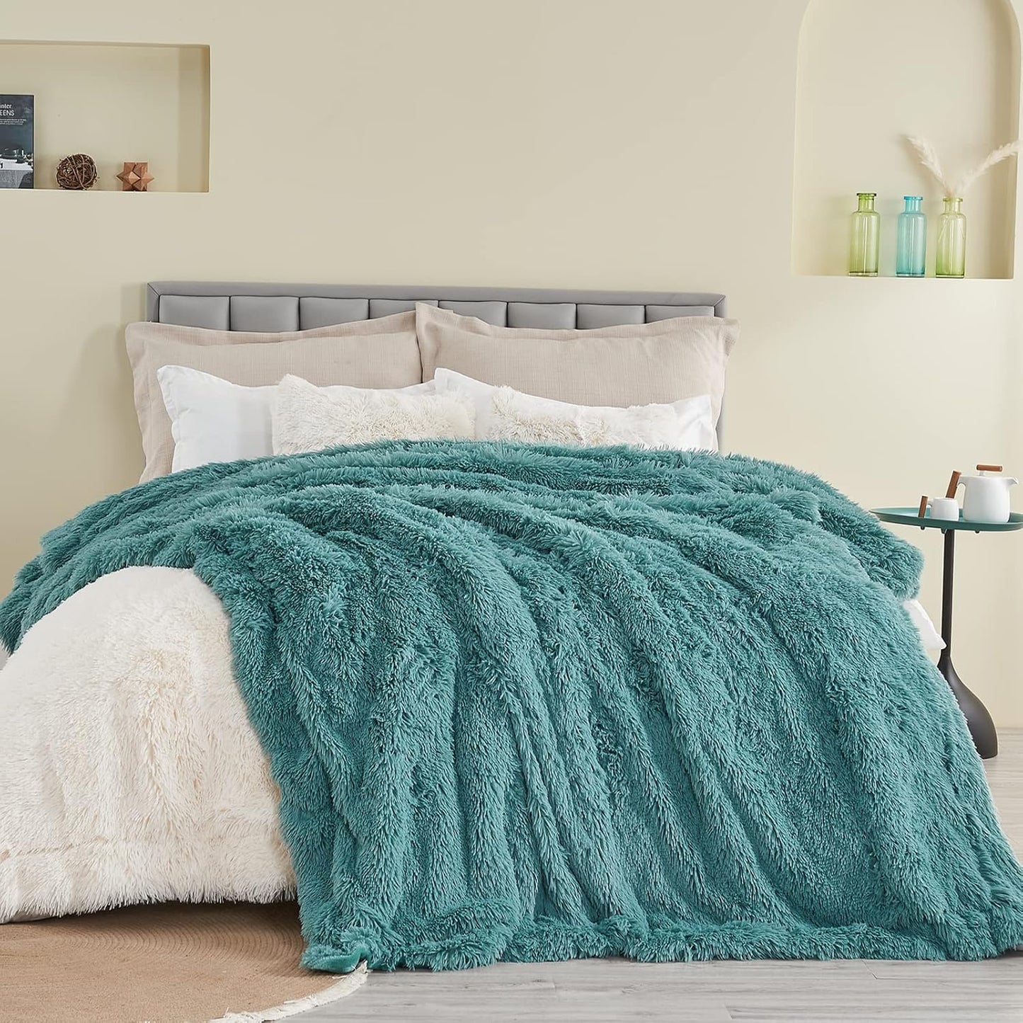 GONAAP Fuzzy Faux Fur Throw Blanket Queen Size Light Teal Super Soft Cozy Plush Fuzzy Shaggy Blanket for Couch Sofa Bed (Light Teal, Queen(90"x90"))
