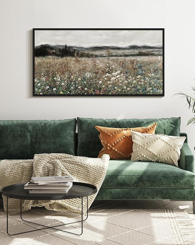 SHENIFY Vintage Landscape Framed Wall Art Meadow Flowers Farmhouse Decor Retro Classic Painting for Hallway Bedroom Living Room Dining Room - 20x40in Black Framed