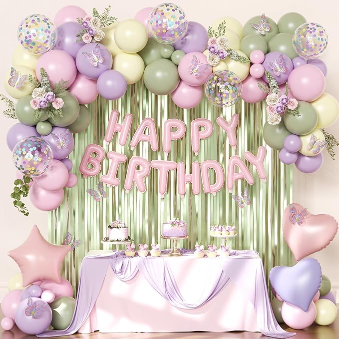 Wildflower Birthday Decorations, Sage Green Pastel Pink Purple Yellow Foil Confetti Balloons Happy birthday Banner Multicolor Butterfly Fringe Curtains Birthday Decorations for Baby Women Girls Teens