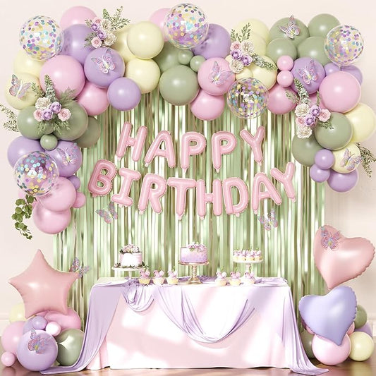 Wildflower Birthday Decorations, Sage Green Pastel Pink Purple Yellow Foil Confetti Balloons Happy birthday Banner Multicolor Butterfly Fringe Curtains Birthday Decorations for Baby Women Girls Teens