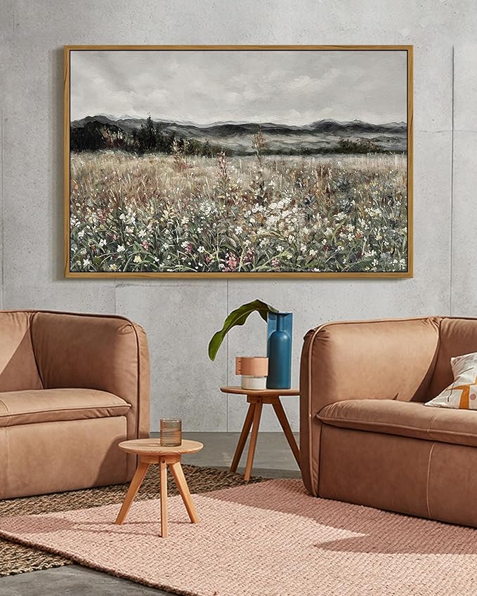 SHENIFY Vintage Landscape Framed Wall Art Meadow Flowers Farmhouse Decor Retro Classic Painting for Hallway Living Room Bedroom Dining Room - 24x36in Natural Framed