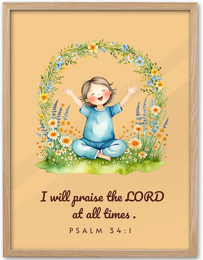 KensTro Natural OAK Wood Nursery Decor Framed Wall Art, 12x16 in Inspirational Christian Bible Verse Wall Art,I Will Praise the LORD at All Times PSALM 34:1 Print for Boys Girls Bedroom Decor Set of 1