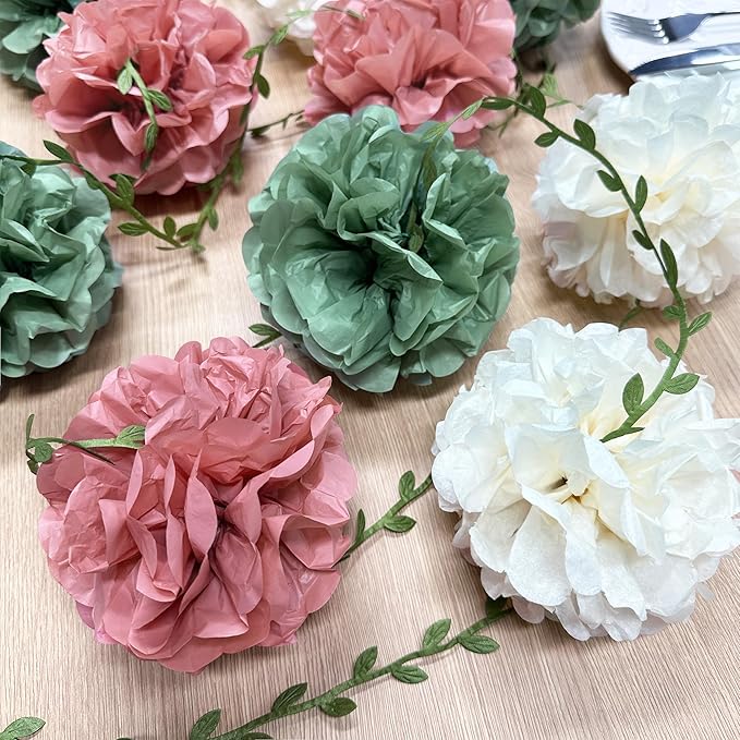 Sage Green Dusty Rose Pink Beige Tissue Paper Flowers Pom Pom with Leaf Ribbon Hanging Garland Streamer for Girl Safari Woodland Jungle Baby Shower Birthday Wedding Garden Party Decorations Supplies