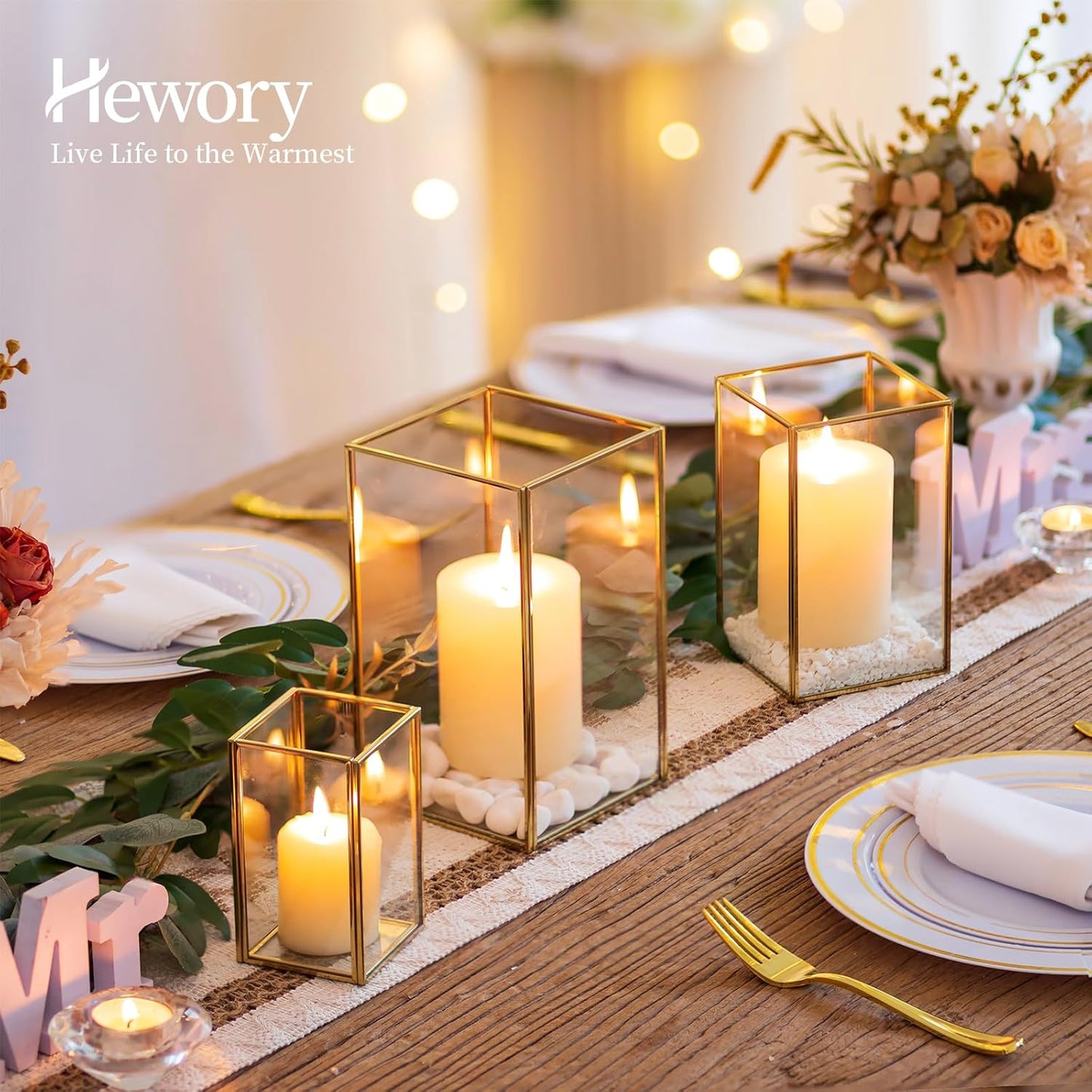 Glass Hurricane Candle Holder Large - Hewory 3pcs Gold Rectangle Flower Holders Centerpiece for Table, Tall Floor Square Pillar Candle Lantern for Wedding, Anniversary, Party, Fireplace, Dining Room