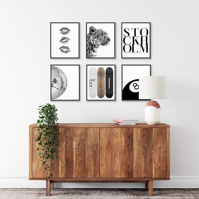 TwoDays Stockholm Style Room Decor for Women, Chic Trendy Wall Art for Living Room Aesthetic, Luxury Fashion Posters for Home Bedroom Apartment Dorm (8" X 10", Set of 6, Black Framed)
