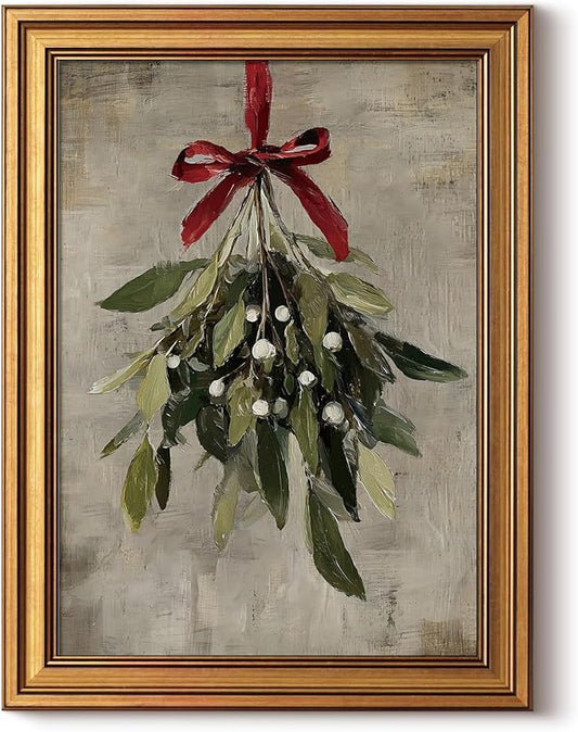 InSimSea Gold Framed Christmas Wall Art, Vintage Canvas Prints Decor, Mistletoe Paintings Wall Shelf Decor, Farmhouse Pictures for Winter Bedroom Holiday Decoration Gifts, 12x16inch