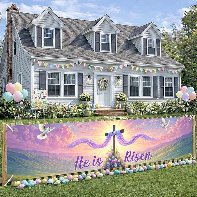 Easter Resurrection Banner He Is Risen Christian Spring Decor 78 x 17 Inch Religious Easter Banner for Church Yard Fence Door Wall Indoor Outdoor Faith Celebration Display