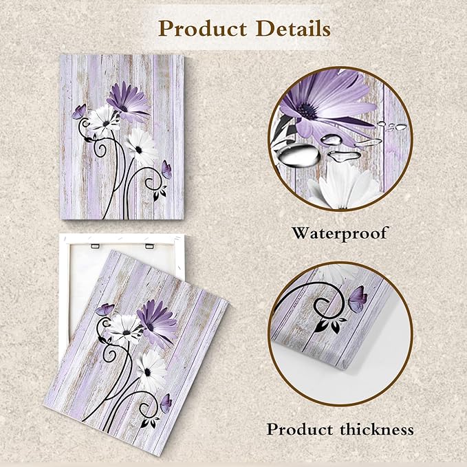 HVEST Vintage Daisy Wall Art Purple Flower and Butterfly on Rustic Wooden Abstract Painting Farmhouse Plant Wall Art for Bathroom Living Room Bedroom Kitchen Decor Ready to Hang, 20Lx16W Inches