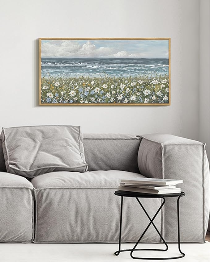 SHENIFY Vintage Landscape Framed Wall Art Sea Coastal Wildflower Field Scenery Farmhouse Decor Retro Painting for Bedroom Living Room Ready to Hang Wall Artwork - 8x16in Natural Framed