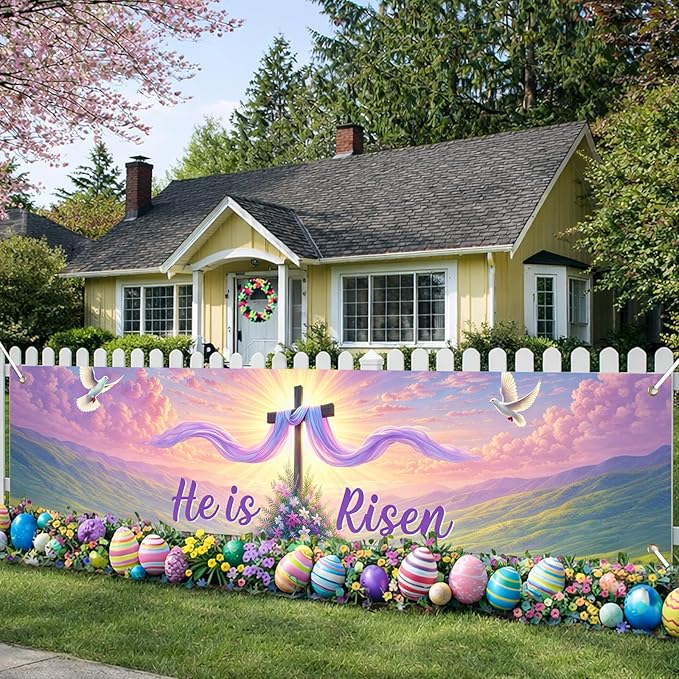 Easter Resurrection Banner He Is Risen Christian Spring Decor 78 x 17 Inch Religious Easter Banner for Church Yard Fence Door Wall Indoor Outdoor Faith Celebration Display
