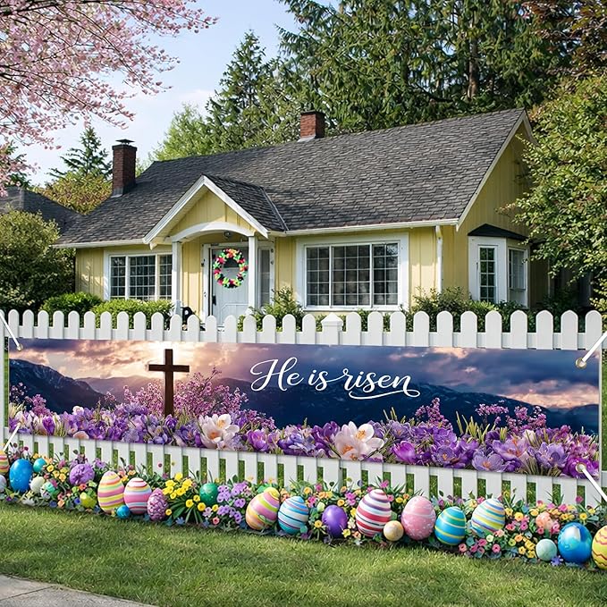 He Is Risen Easter Banner Resurrection Cross Spring Christian Faith Decor 118×20 inch Religious Easter Banner for Church Yard Fence Wall Door Indoor Outdoor Display