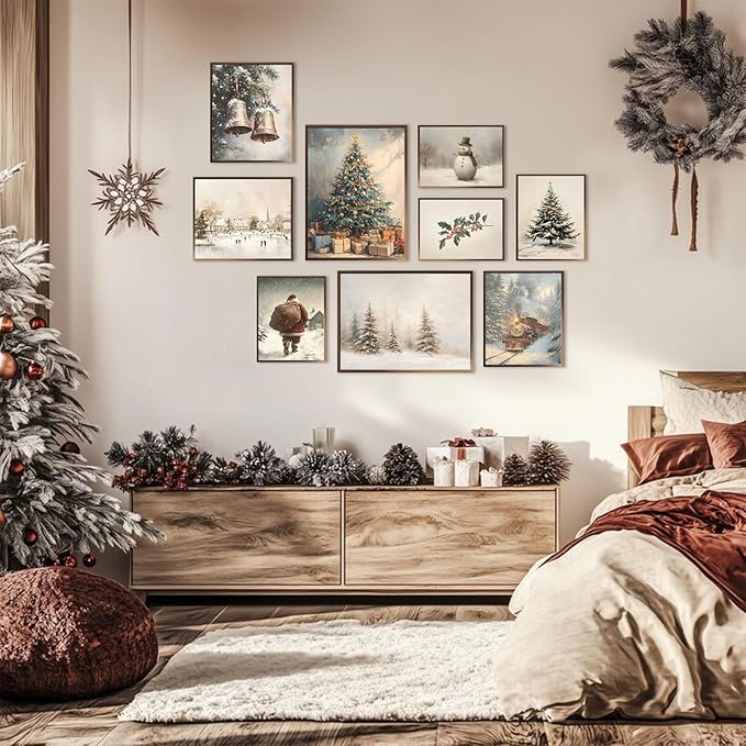 uniro Christmas Wall Art Prints, Vintage Christmas Decor, Farmhouse Winter Holiday Canvas Art Prints, Snowman Pine Tree Santa Claus Forest Landscape Xmas Poster Set, Rustic Christmas Picture Wall Decor for Bedroom, Living Room, Gallery, Winter Room Dec...