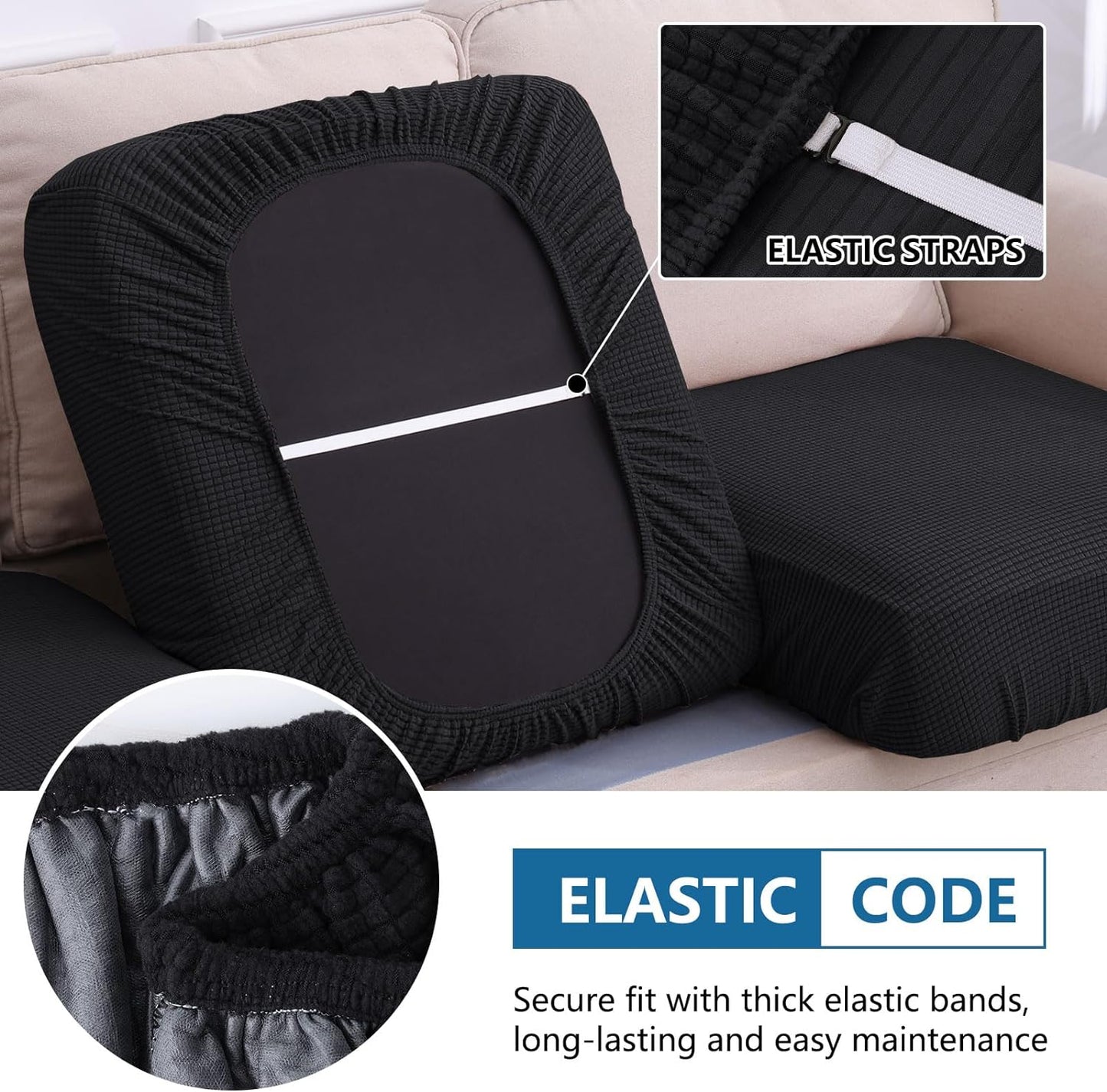 hyha Waterproof Couch Cushion Covers for Pets, Non Slip Sofa Seat Cover for Dogs Washable, Soft Thick Stretch Jacquard Fabric, Sofa Slipcovers with Elastic Bottom (3 Pieces, Black)