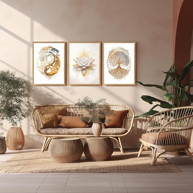 GELDSTEI Tree of Life Wall Art, Calming Zen Wall Decor, Abstract Yin Yang Tree Canvas Painting, Modern Gold Lotus Flower Meditation Poster Print for Living Room Yoga Room Bedroom Wood Framed Set of 3, Each 16x24 Inch