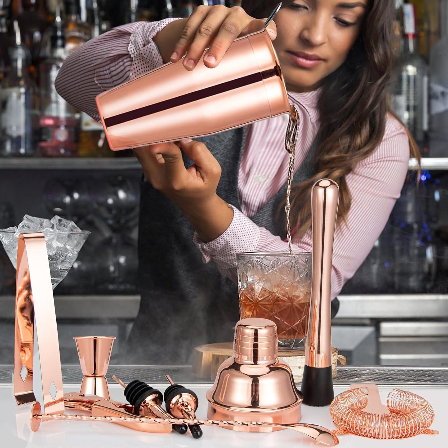 Cocktail Shaker Set, Mixology Bartender Kit 10-Piece Bar Tool Set with Stylish Bamboo Stand, Bar kit: Matini Shaker Mixing Spoon Muddler Jigger Cocksrew for Barware Set | Rose