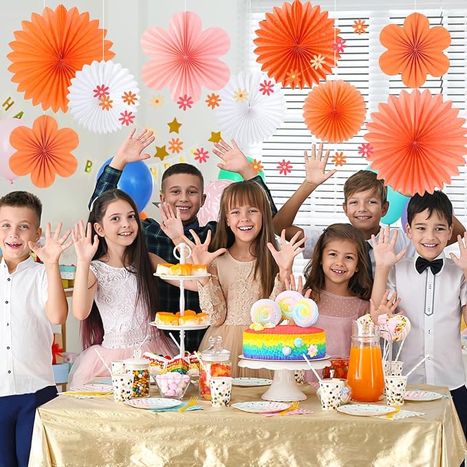 SUNBEAUTY Paper Flowers Decorations for Wall, Spring Pink and Orange Party Decorations, Orange Pink Groovy Paper Fans Classroom for Wall Hanging Decor for Office Baby Shower Bulletin Board, Set of 9