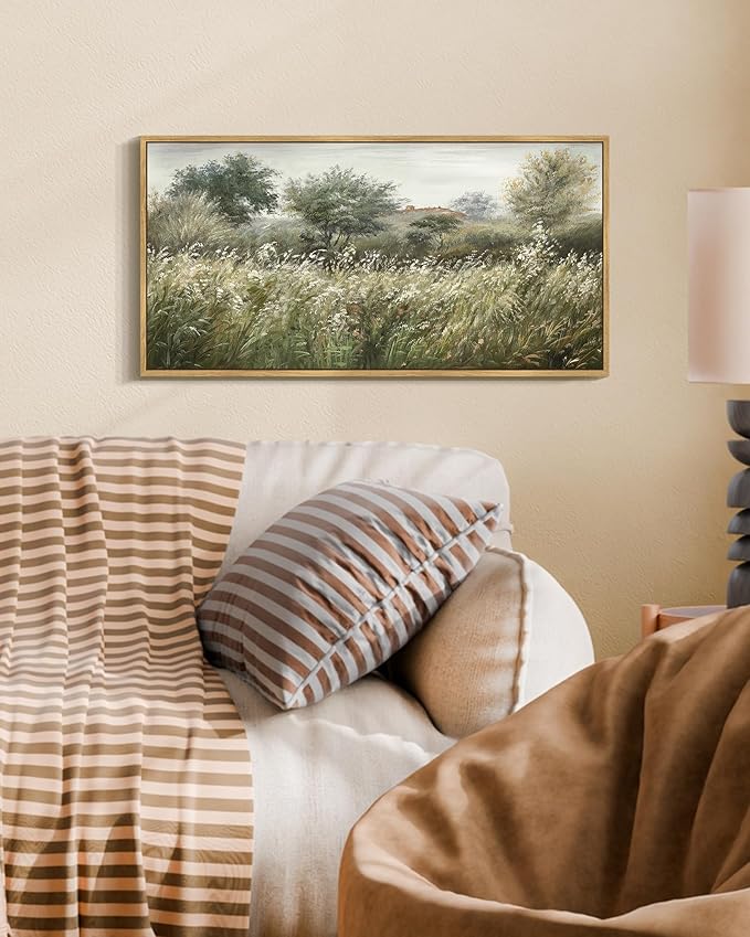 SHENIFY Vintage Landscape Framed Wall Art Meadow Scenery Farmhouse Decor Retro Painting for Bedroom Living Room Ready to Hang Wall Artwork - 8x16in Natural Framed
