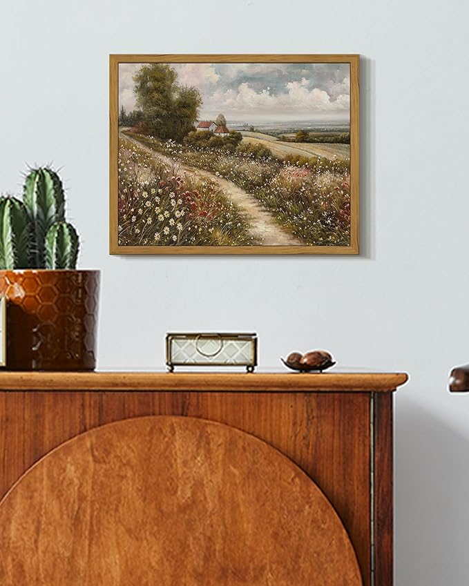 SHENIFY Vintage Landscape Framed Wall Art Rustic Countryside Wildflower Field Farmhouse Decor Retro Meadow with Flowers Painting for Kitchen Living Room Bedroom Bathroom - 8x10in Natural Framed
