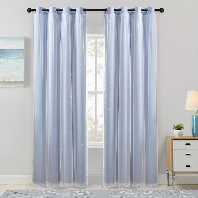 XiDi Sky Blue Blackout Curtains with Sheer Overlay Mix and Match Double Layer Thermal Insulated Window Panels 90 inch for Living Room Bedroom Blue Drapes with Tiebacks Grommet Top 52" Wx90 Lx2