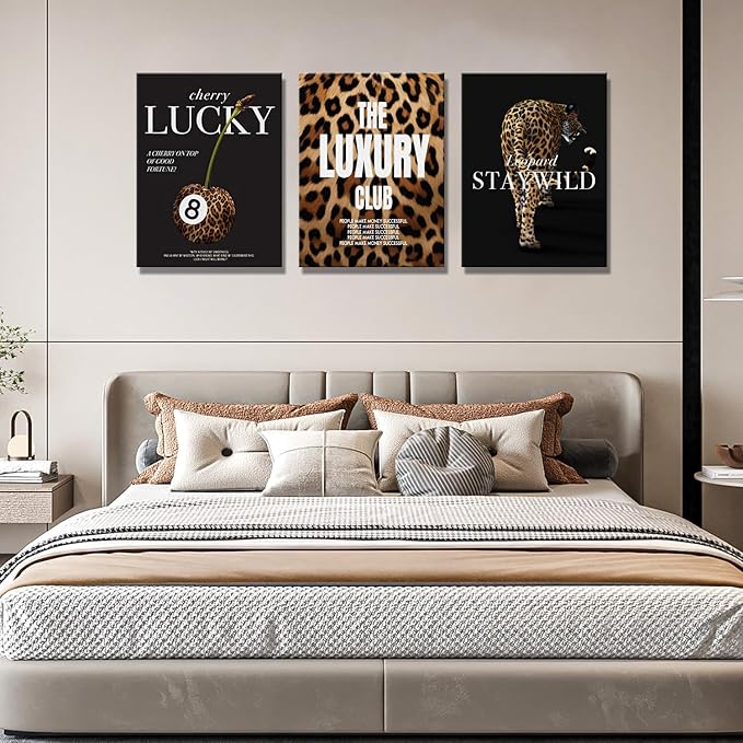 Fashion Leopard Wall Art Set of 3, Trendy Animal Print Canvas Wild Cheetah Inspirational Lucky 8 Ball Painting Wall Decor Artwork for Girls Bedroom Living Room Office Bar Home Decor 24x16 in Framed