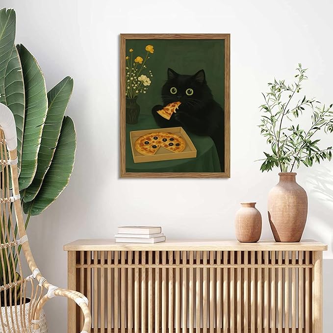 Framed Black Cat Wall Art, Cute The Cat Eating Pizza Canvas, Funny Kitchen Pictures Decor, Playful Food Lover Prints Artwork, Whimsical Animal Wall Decor for Kitchen Dining Room – 16x24 inch