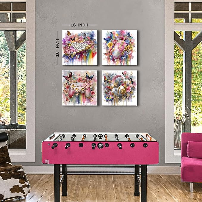 Pink Gaming Wall Art Gamer Women Bedroom Decor Colorful Floral Butterflies Game Pictures, 4Pcs Console Paintings Controller Headphones Keyboard Canvas Prints Gaming Room Decorations Girl Gifts 16x16”