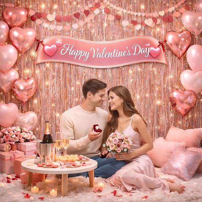 Foil Fringe Curtains Valentines Backdrop Party Decorations - Melsan 3 Pack 3.2 x 8.2 ft Tinsel Curtain Party Photo Backdrop for Birthday Party Baby Shower Rose Gold